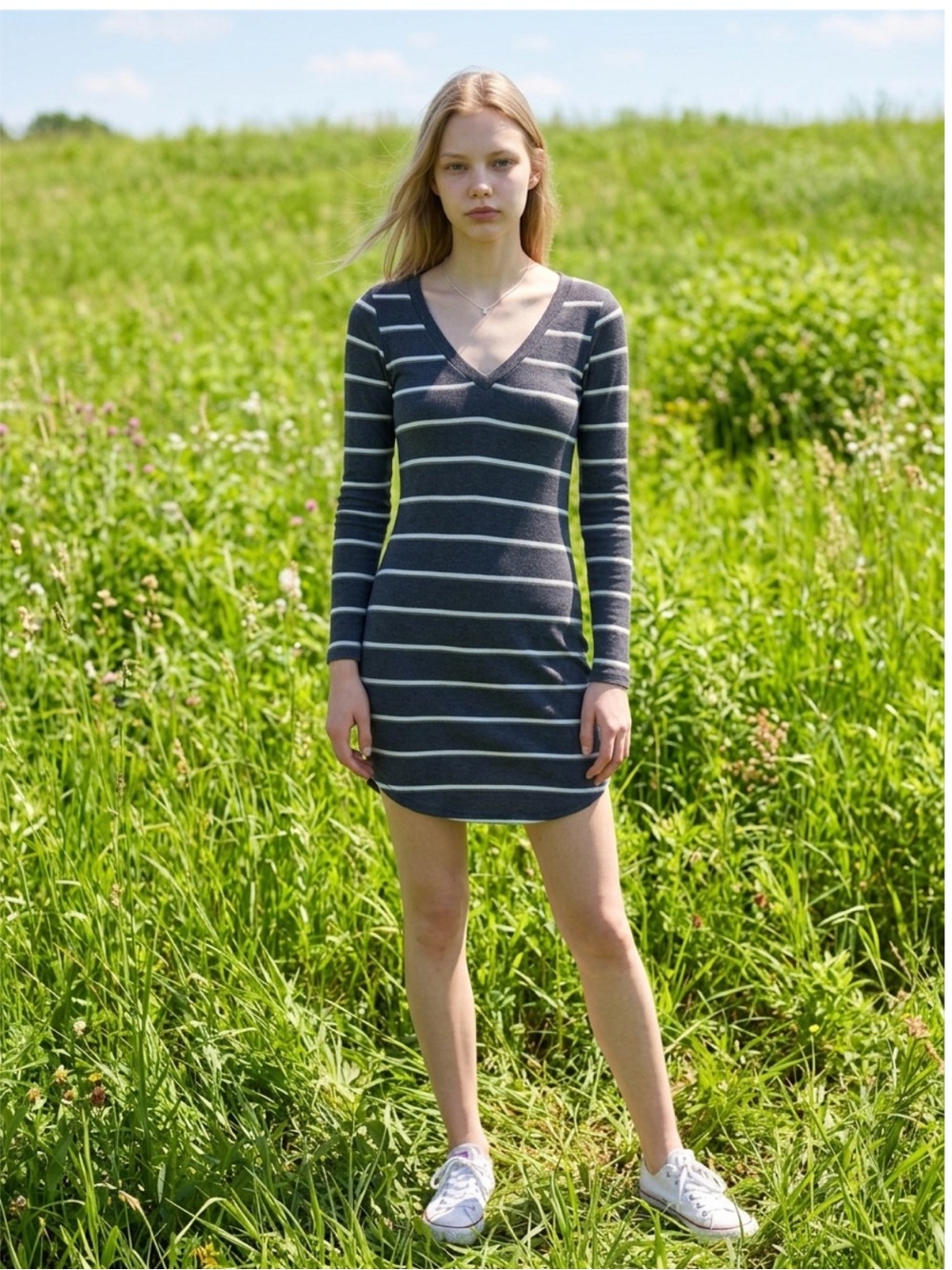 Chaser Striped V-Neck Long Sleeve Mini Dress - Gray size S NWOT